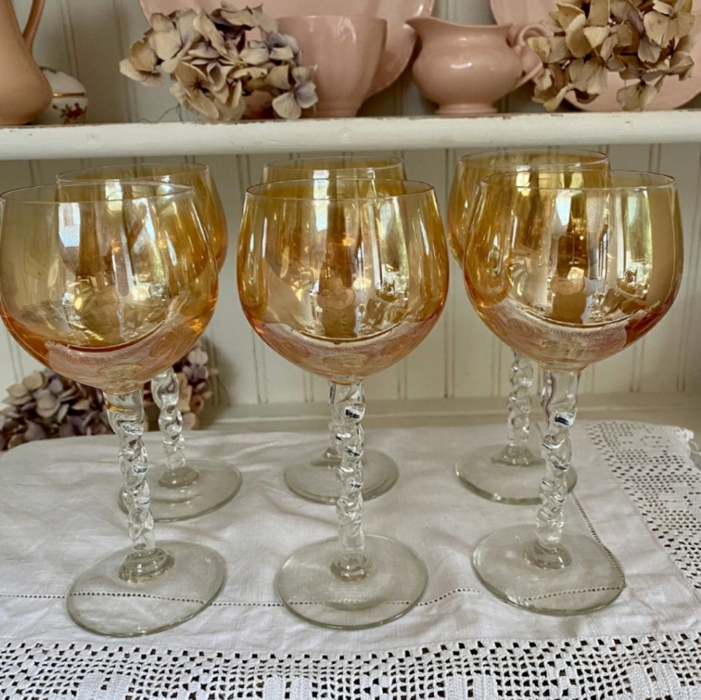Set of 6 Vintage Amber Wine Glasses